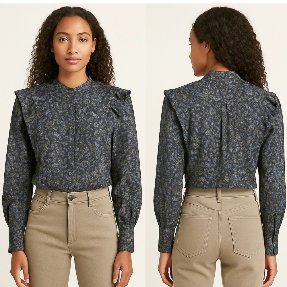 Veronica Beard 100% Silk Drela Print Bishop Sleeve Blouse Button Down Top Size 6